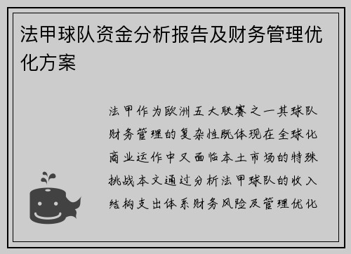 法甲球队资金分析报告及财务管理优化方案